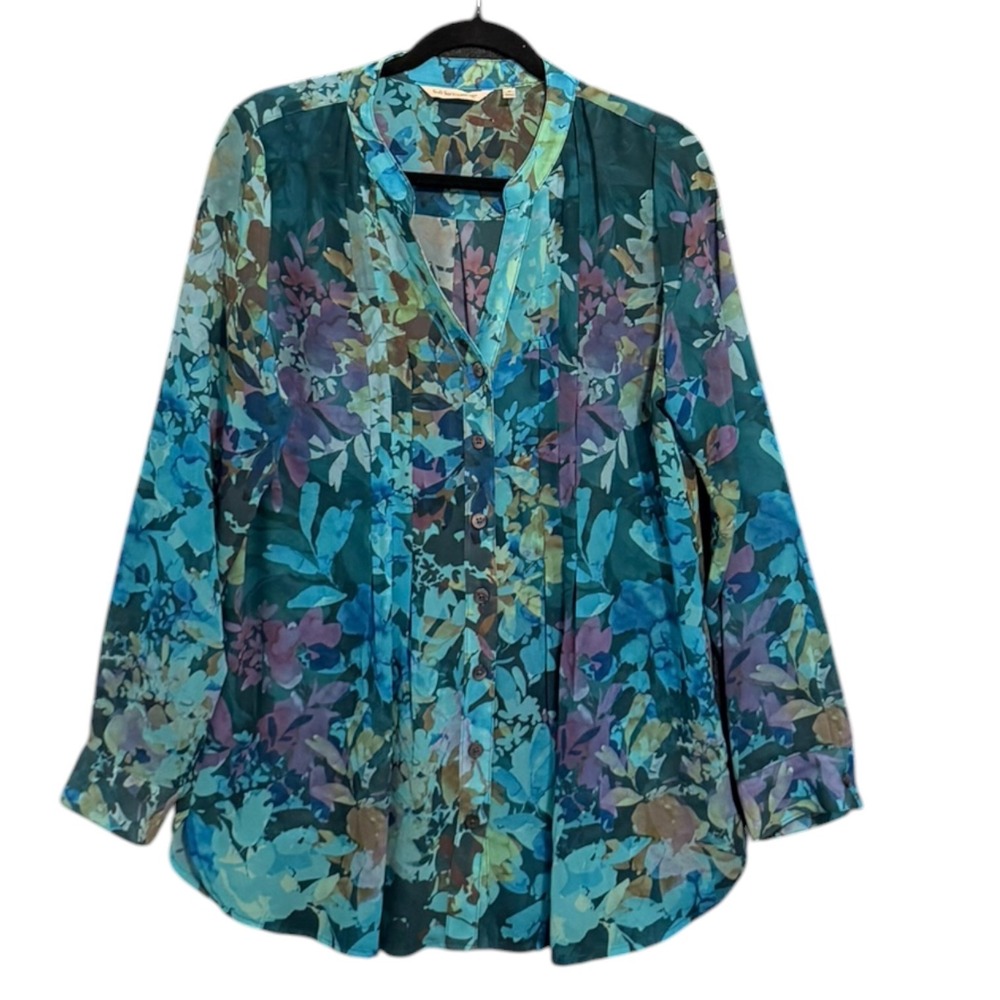 Soft Surroundings Sheer Floral Pintuck Tunic Blouse Blue Teal Purple Size M